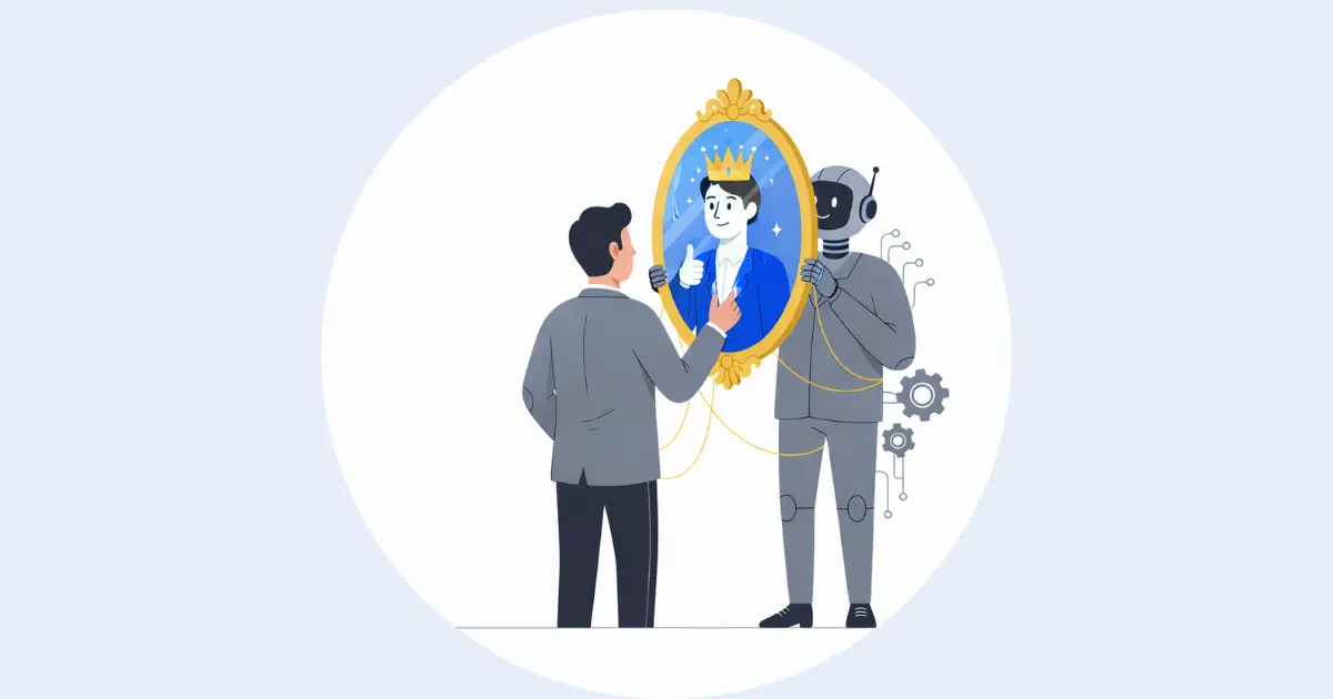 La IA te da la razón: hombre ante un espejo halagador que sostiene un robot