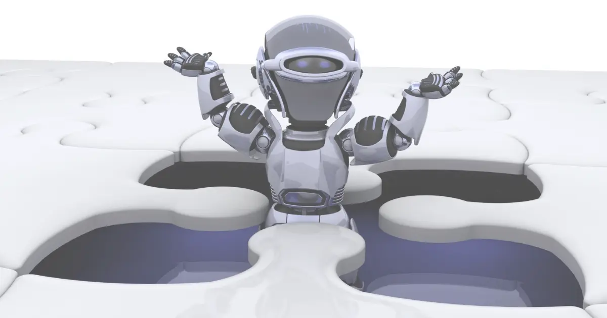 Memoria técnica con IA: robot que sale de la pieza que falta de un puzle
